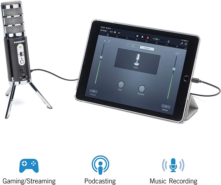 Samson Satellite USB Broadcast Microphone Plugged Into Tablet